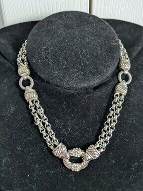 Silver Tone Double Wheat Chain Link Pave Rhinestone Toggle Clasp Necklace